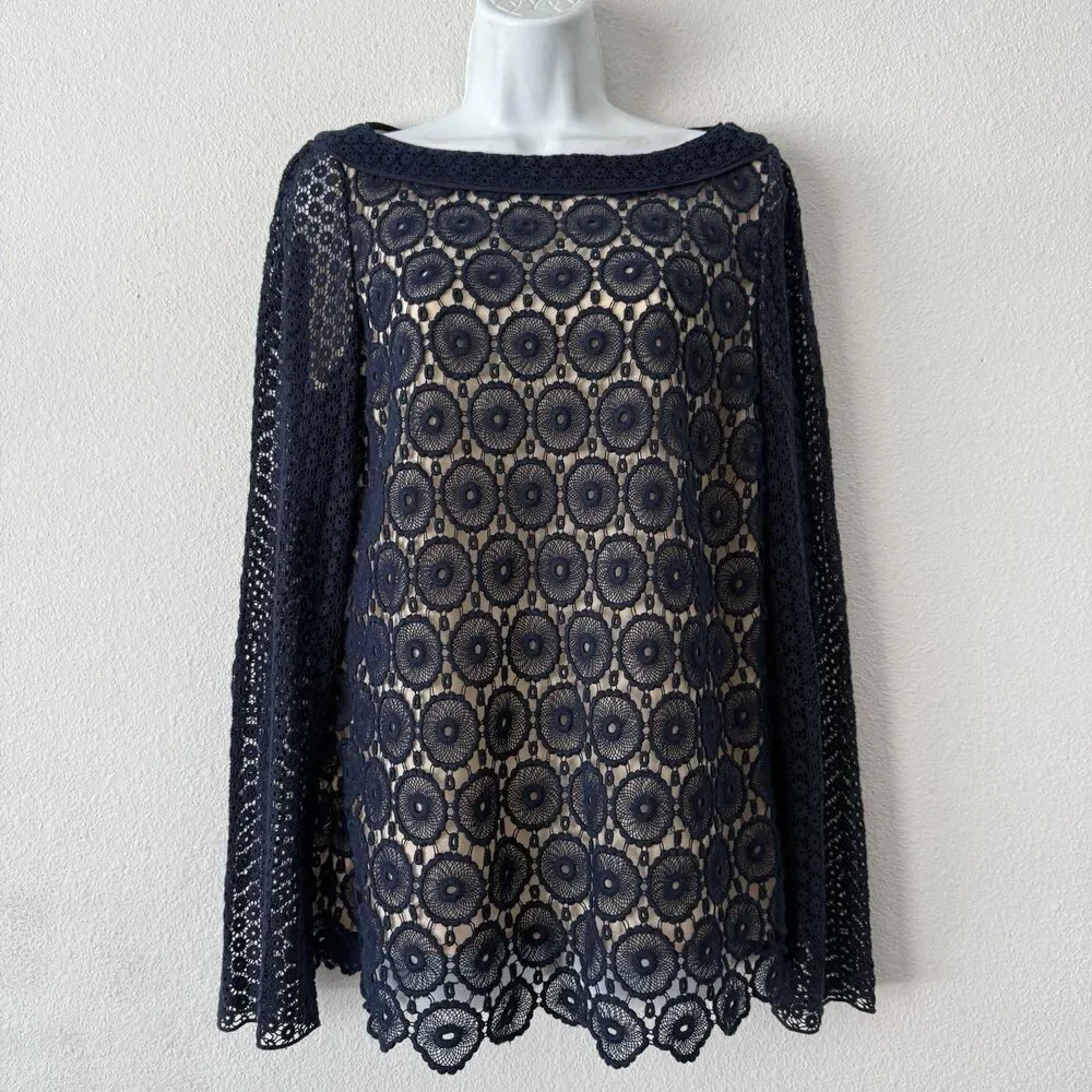 Tory Burch Janeen Crochet Lace Blouse Navy Blue Eyelet Sheer Top Size 8